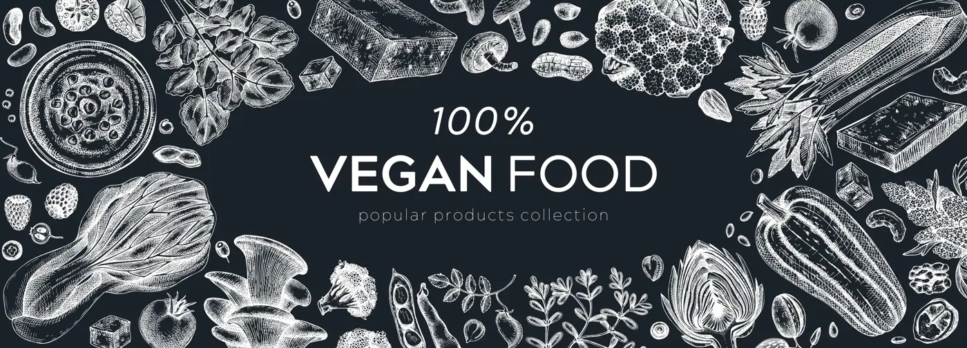 Vegan food banner on chalkboard. Healthy food background. Middle eastern cuisine frame. Hand drawn vegan meals and ingredients for menu, recipe, packaging design. Vegan food illustration Illustration